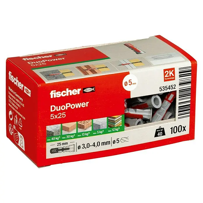 Fischer Duopower Dübelsortiment - Durchmesser Dübel: 5 mm, Länge Dübel: 25 mm, Mit Rand, Alle Baustoffe, 100 Stk. - Eine Packung Fischer Dübel DuoPower 5x25 mit 100 Stück. Die Dübel sind für verschiedene Materialien geeignet und halten bis zu 40 kg.