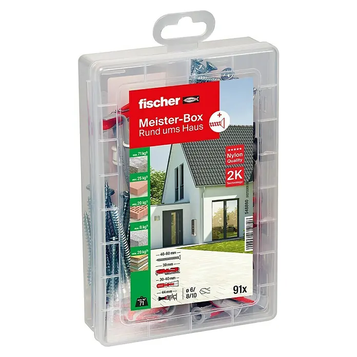 Fischer Schrauben- & Dübel-Set Duoline Meister-Box - 91 -tlg. - Fischer Meister-Box für Befestigungen rund ums Haus. Ideal für verschiedene Materialien mit Dübeln und Schrauben, um Lasten sicher zu tragen.