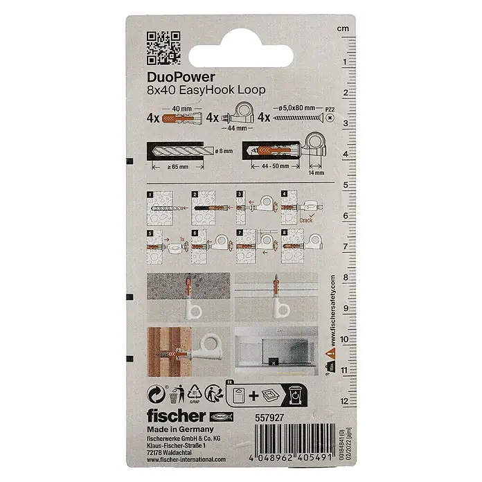 Fischer Duopower Hembrilla cerrada EasyHook - Diámetro taco: 8 mm, Longitud taco: 40 mm - Paquete DuoPower 8x40 EasyHook Loop con tacos, ganchos y tornillos para una fijación segura, ideal para proyectos de bricolaje.