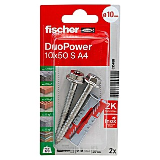 Fischer Universeelpluggen DuoPower 10x50 met rvs schroef A4 K (Ø x l: 10 x 50 mm, 2 st.)