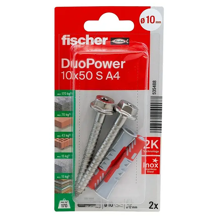 Fischer Universaldübel S A4 - Ø x L: 10 x 50 mm, 2 Stk. - Abbildung der Fischer DuoPower 10x50 S A4 Schrauben und Dübel Packung. Die Packung enthält zwei Schrauben und zwei Dübel.