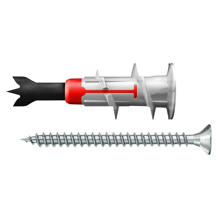 Fischer Duoblade Gipskartondübel S LD - Länge Dübel: 44 mm, 20 Stk. - Nahaufnahme eines UX-Universalspreizdübels mit Kragen und einer Spanplattenschraube. Das Set ist für sichere Befestigung in Voll- und Lochbaustoffen geeignet.