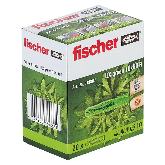 Fischer Universaldübel - Ø x L: 10 x 60 mm, Nylon, Mit Rand, 20 Stk. - Bild einer Packung Fischer UX green 10x60 R Dübel, die die grüne Farbe und die Details des Produkts hervorhebt.