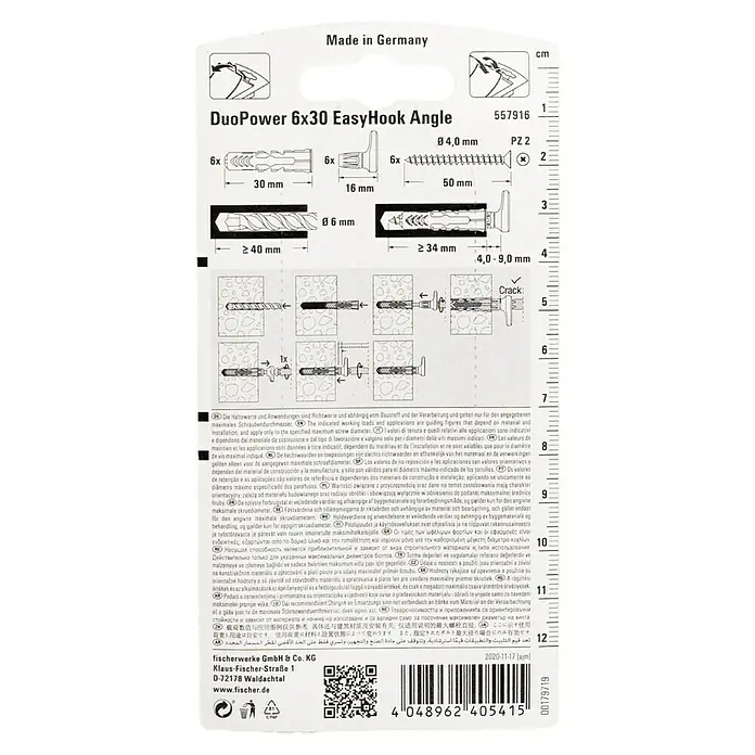 Fischer Duopower Schlitzhaken EasyHook Angle - Durchmesser Dübel: 6 mm, Länge Dübel: 30 mm - Abbildung der Fischer DuoPower 6x30 EasyHook Angle Dübelverpackung mit Größenangaben und Montagehinweisen.