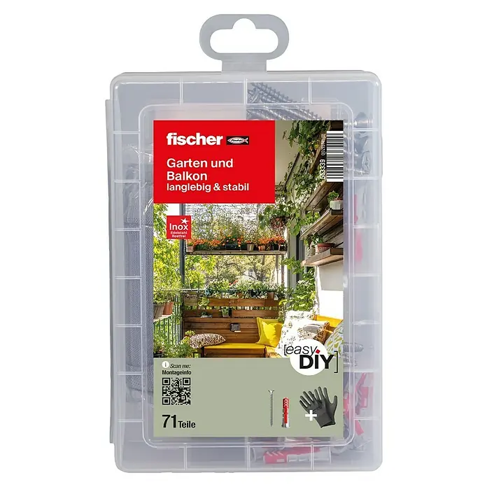 Fischer Schrauben- & Dübel-Set Praktische Helfer Garten & Haus - 71 -tlg. - Das Fischer Garten und Balkon Montageset: Langlebig und stabil für alle Befestigungen im Außenbereich, inklusive Schrauben, Dübel und Handschuhe.