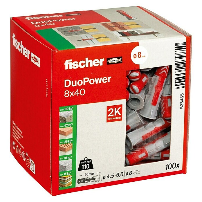 Fischer Duopower Nabor zidnih vložkov  (Premer zidnega vložka: 8 mm, Dolžina zidnega vložka: 40 mm, Z robom, Vsi gradbeni materiali, 100 kos) | 1060 - Dübel | AADD - Dübel | AAD - Kleineisenwaren | AA - Eisenwaren | A - Eisenwaren | BAUHAUS