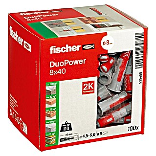 Fischer Duopower Asortiman tipli (Promjer tiple: 8 mm, Duljina tiple: 40 mm, S rubom, Svi građevni materijali, 100 Kom.)