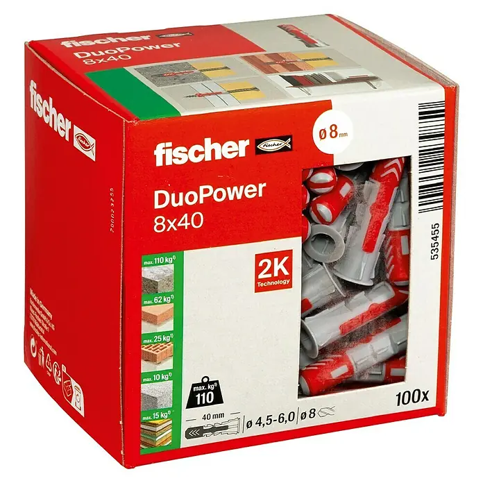 Fischer Duopower Dübelsortiment - Durchmesser Dübel: 8 mm, Länge Dübel: 40 mm, Mit Rand, Alle Baustoffe, 100 Stk. - Eine Box mit Fischer DuoPower 8x40 Dübeln, die für ihre hohe Belastbarkeit und 2K Technologie bekannt sind. Ideal für verschiedene Materialien.