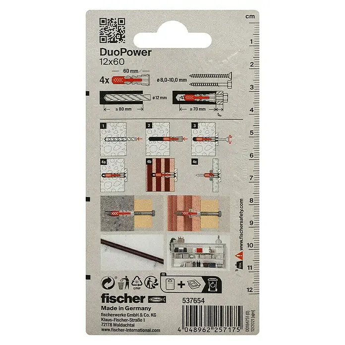 Fischer Duopower Universaldübel 2 K - Ø x L: 12 x 60 mm, Nylon, 4 Stk. - Anleitung für Fischer DuoPower 12x60 Dübel.