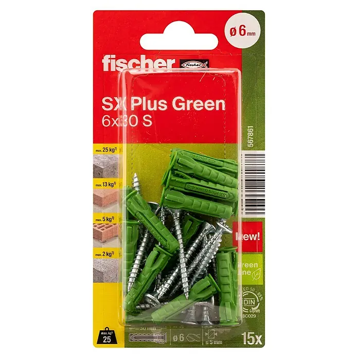 Fischer Spreizdübel-Set SX Green S - Ø x L: 6 x 30 mm, Spanplattenschraube, Nylon, 15 Stk. - Bild einer Packung fischer SX Plus Green Dübel 6x30 S, ideal für Befestigungen in verschiedenen Materialien, mit Schrauben.