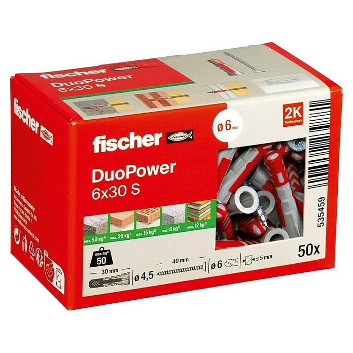 Fischer Dübel- & Schraubenbox Duopower (Durchmesser Dübel: 6 mm, Länge Dübel: 30 mm, 50 Stk., Senkkopfschraube)