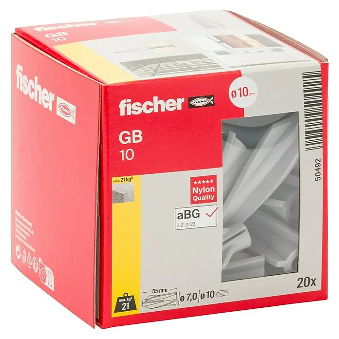 Fischer Gasbetondübel GB 10 - Durchmesser Dübel: 10 mm, Länge Dübel: 55 mm, 20 Stk. - Bild einer Fischer GB 10 Gipskartondübel-Box. Sie beinhaltet hochwertige Nylondübel für sichere Befestigungen in Gipskartonplatten.