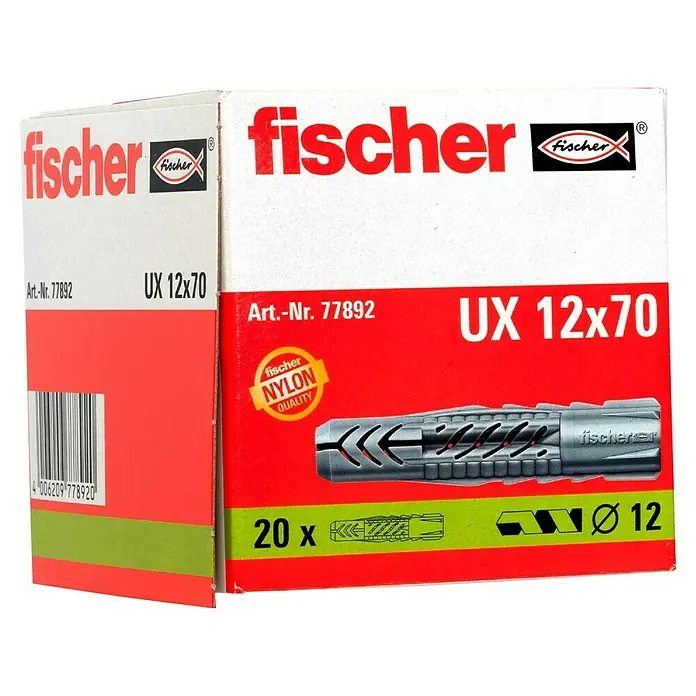 Fischer Universal-Durchsteckdübel UX - Durchmesser Dübel: 12 mm, Länge Dübel: 70 mm, Ohne Rand, 20 Stk. - Bild einer Packung Fischer UX 12x70 Universaldübel, die für ihre Nylonqualität und Vielseitigkeit beim Befestigen bekannt sind.