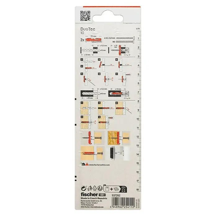 Fischer Duotec Kippdübel - Durchmesser Dübel: 10 mm, Länge Dübel: 50 mm, Gipskartonplatten, Ohne Schrauben/Haken, 2 Stk. - Abbildung einer DuoTec 10-Universaldübelverpackung mit Größenangaben und Montageanleitung für verschiedene Wandtypen.