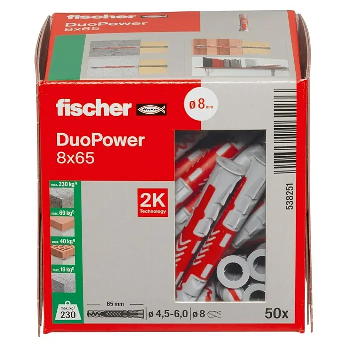 Fischer Duopower Dübelsortiment - Durchmesser Dübel: 8 mm, Länge Dübel: 65 mm, Mit Rand, Alle Baustoffe, 50 Stk. - Abbildung einer Packung Fischer Dübel DuoPower 8x65, ein vielseitiges Befestigungselement für verschiedene Baumaterialien.