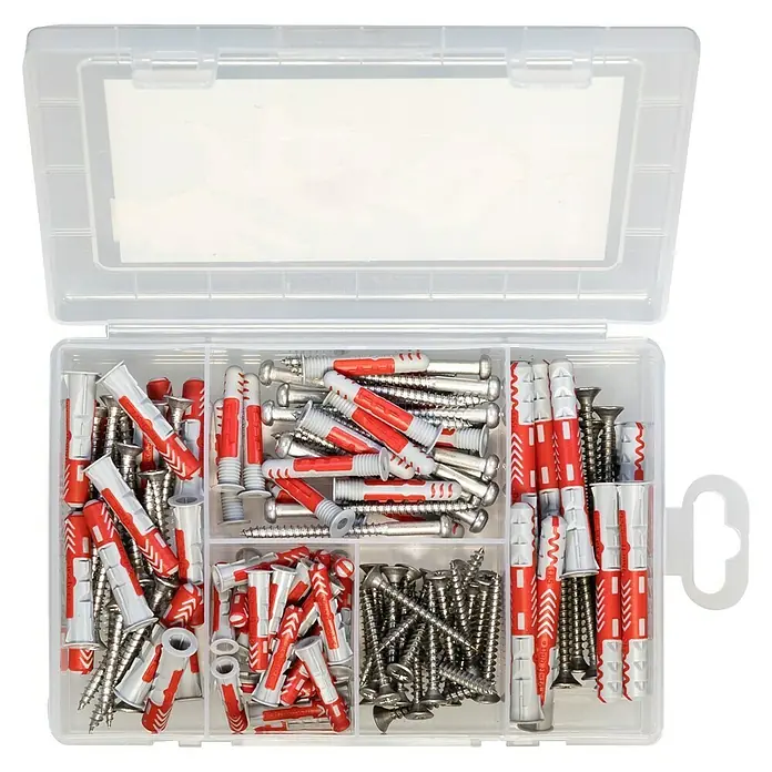 Fischer Schrauben- & Dübel-Set Praktische Helfer Outdoor & Feuchtraum - 130 -tlg. - Eine offene, transparente Kunststoffbox gefüllt mit einer Vielzahl von Dübeln und Schrauben verschiedener Größen und Ausführungen.