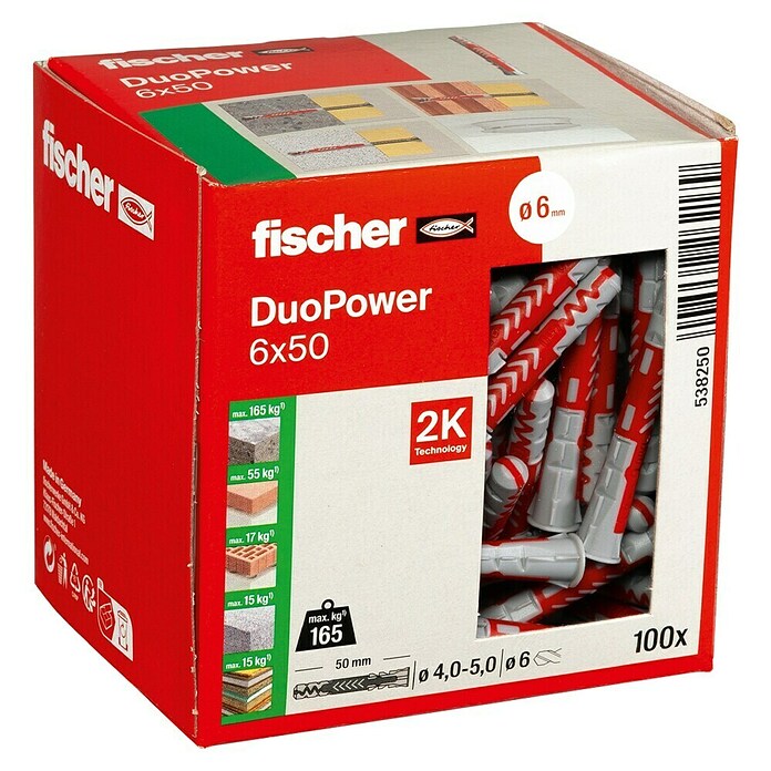 Fischer Duopower Dübelsortiment (Durchmesser Dübel: 6 mm, Länge Dübel: 50 mm, Mit Rand, Alle Baustoffe, 100 Stk.) | BAUHAUS