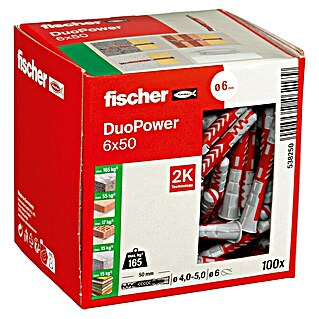 Fischer Duopower Asortiman tipli (Promjer tiple: 6 mm, Duljina tiple: 50 mm, S rubom, Svi građevni materijali, 100 Kom.)
