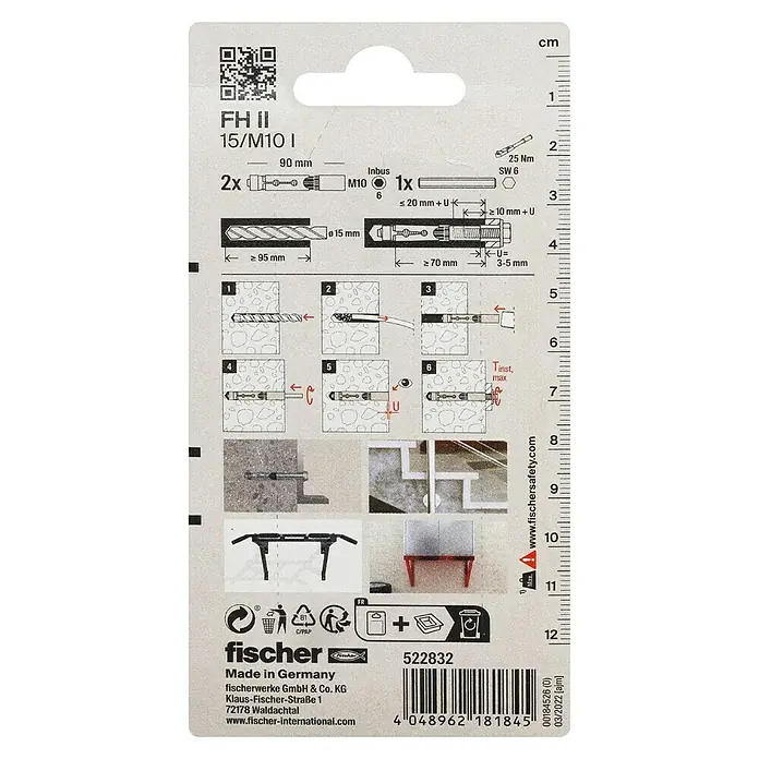 Fischer Hochleistungsanker FH 2 15/M10 I K - Länge Dübel: 90 mm, 2 Stk. - Bild einer Verpackung von Fischer Bolzenanker FH II 15/M10 I mit Montageanleitung, Abmessungen und Herstellerinformationen.
