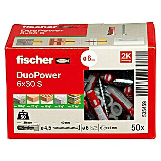 Fischer Duopower Doos pluggen en schroeven Duopower (Diameter plug: 6 mm, Pluglengte: 30 mm, Schroef met verzonken kop, 50 st.)