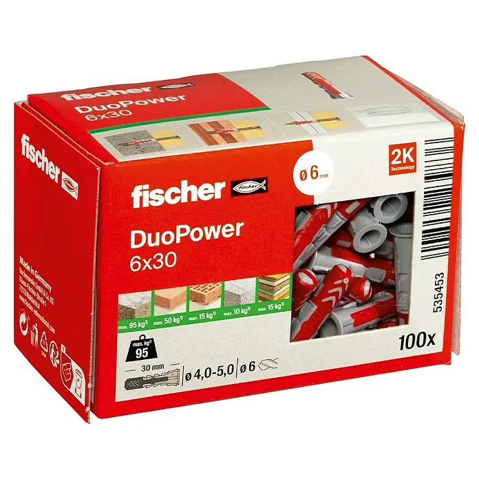 Fischer Duopower Dübelsortiment - Durchmesser Dübel: 6 mm, Länge Dübel: 30 mm, Mit Rand, Alle Baustoffe, 100 Stk. - Bild einer Fischer DuoPower 6x30-Dübelbox. Ideal für Befestigungen in verschiedenen Materialien, mit hoher Belastbarkeit und einfacher Installation.