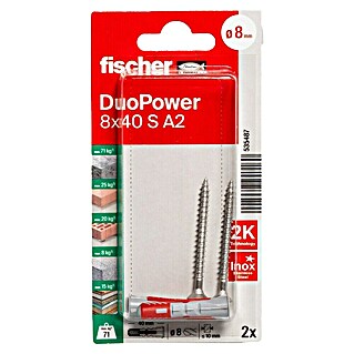 Fischer Duopower Universeelpluggen DuoPower 8x40 met rvs schroef A2 K (Ø x l: 8 x 40 mm, Materiaal plug: Nylon, 2 st.)
