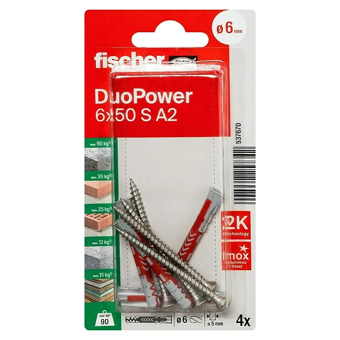 Fischer Duopower Universaldübel S A2 K - Ø x L: 6 x 50 mm, Material Dübel: Nylon, 4 Stk. - Eine Packung Fischer DuoPower 6x50 S A2 Dübel mit Schrauben, geeignet für verschiedene Materialien mit Belastungsgrenzen, inklusive Edelstahl Schrauben.