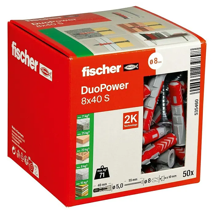 Fischer Duopower Dübel- & Schraubenbox - Durchmesser Dübel: 8 mm, Länge Dübel: 40 mm, Senkkopfschraube, 50 Stk. - Ein Karton Fischer DuoPower 8x40 S Dübel, eine zuverlässige Befestigungslösung für vielfältige Materialien und Anwendungen.