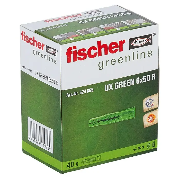 Fischer Greenline Universal-Dübel UX 6 x 50 R GREEN - Ø x L: 6 x 50 mm, Nylon, 40 Stk., Mit Rand - Eine Packung fischer UX GREEN 6x50 R Dübel, ideal für umweltbewusste Bauprojekte mit nachhaltigen Materialien.