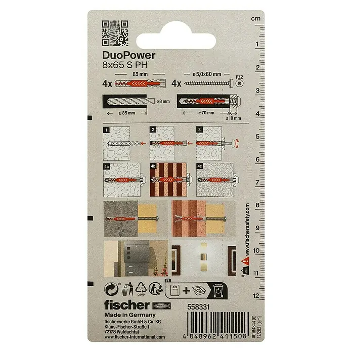 Fischer Duopower Dübel- & Schraubenbox S PH K - Durchmesser Dübel: 8 mm, Länge Dübel: 65 mm, 4 Stk. - Anleitung für Fischer Dübel DuoPower 8x65 S PH.