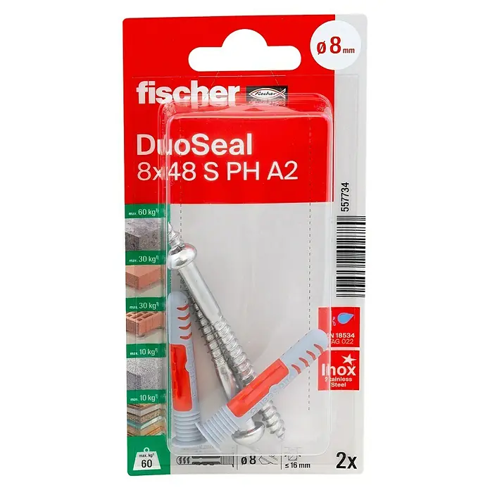 Fischer Universaldübel DuoSeal - Länge Dübel: 48 mm - Bild einer Packung Fischer DuoSeal 8x48 S PH A2 Dübel mit Schrauben, geeignet für verschiedene Materialien bis zu 60 kg.