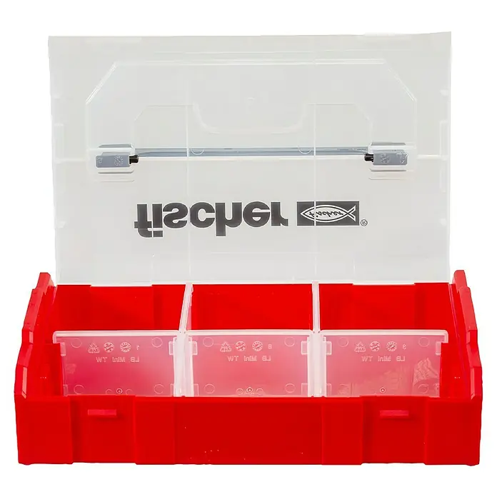 Fischer Aufbewahrungsmodul FIXtainer, leer - 1 Stk. - Der rote Tackle Box Organizer mit durchsichtigem Deckel und Fächern ist ideal zum Aufbewahren von Angelausrüstung.