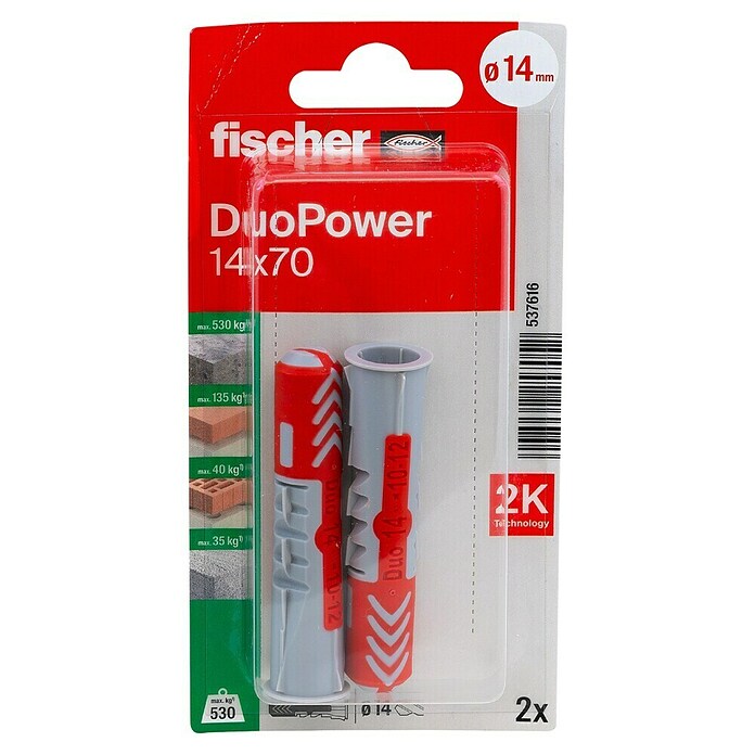 Fischer Universaldübel Duopower (Durchmesser Dübel: 14 mm, Länge Dübel: 70 mm, 2 Stk., Mit Rand, Alle Baustoffe)