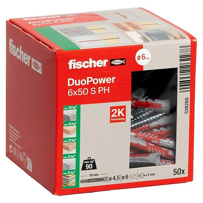 Fischer Duopower Dübel- & Schraubenbox S PH LD (Durchmesser Dübel: 6 mm, Länge Dübel: 50 mm, Panheadschraube, 50 Stk.) | BAUHAUS