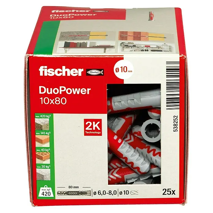 Fischer Duopower Dübelsortiment - Durchmesser Dübel: 10 mm, Länge Dübel: 80 mm, Mit Rand, Alle Baustoffe, 25 Stk. - Eine Packung Fischer DuoPower 10x80 Universaldübel, geeignet für verschiedene Baumaterialien, mit einer maximalen Last von 420 kg.