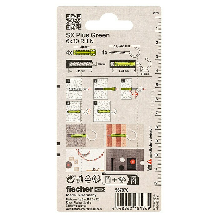 Fischer Spreizdübel-Set SX Green RH K (Durchmesser Dübel: 6 mm, Länge Dübel: 30 mm, 4 Stk., Mit Haken)