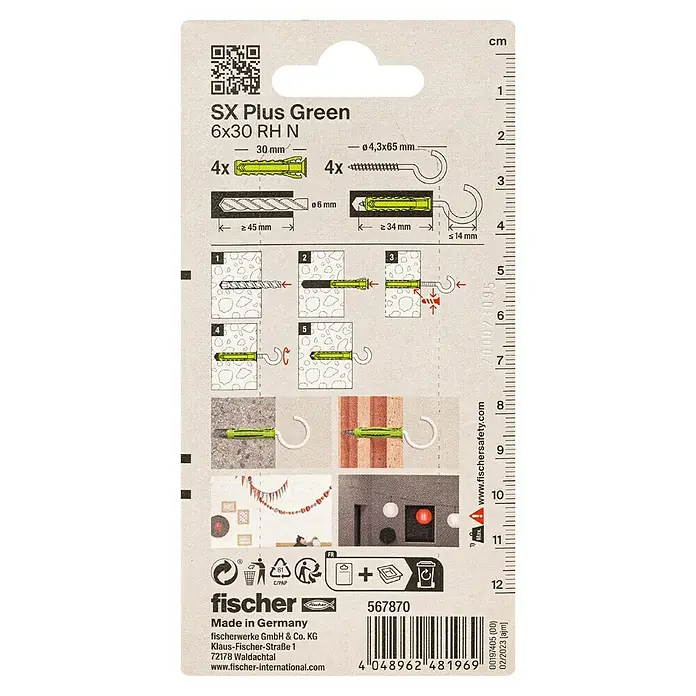 Fischer Spreizdübel-Set SX Green RH K - Durchmesser Dübel: 6 mm, Länge Dübel: 30 mm, Mit Haken, 4 Stk. - Bild einer fischer SX Plus Green 6x30 RH N Dübelpackung mit detaillierten Anweisungen zur korrekten Installation und Verwendung.