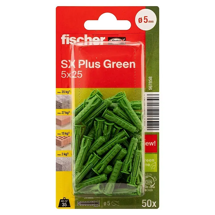 Fischer Spreizdübel SX Green K - Ø x L: 5 x 25 mm, Nylon, Mit Rand, 50 Stk. - Nahaufnahme einer Packung Fischer SX Plus Green Dübel in der Größe 5x25 mm.