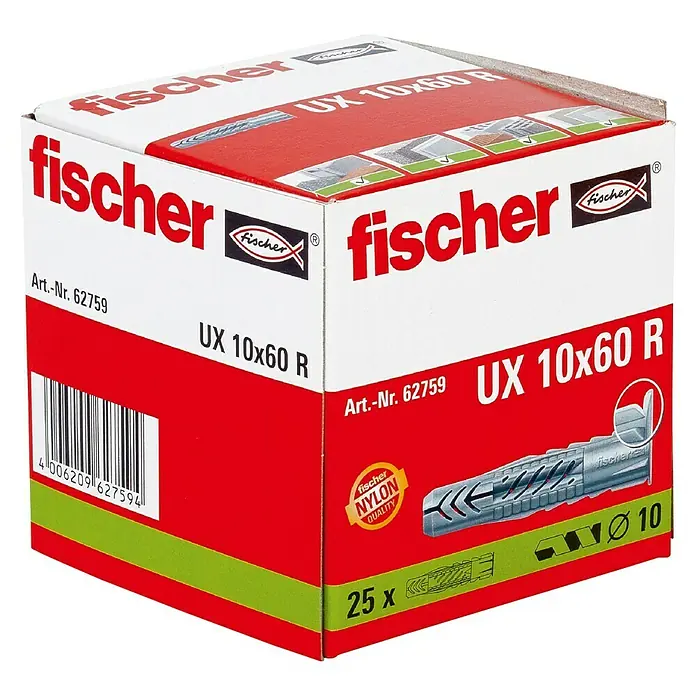 Fischer Universaldübel - Durchmesser Dübel: 10 mm, Länge Dübel: 60 mm, Mit Rand, 25 Stk. - Eine Packung Fischer UX 10x60 R Universaldübel aus Nylon in einer rot-weißen Verpackung mit Artikelnummer und Barcode.