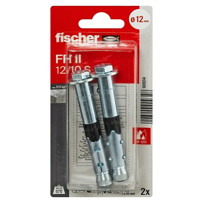 Fischer Schwerlastanker FH II S - Ø x L: 12 x 10 mm, 2 Stk., Sechskantkopf - Bild von zwei Fischer FH II 12/10 S Bolzenankern in einer roten Verpackung, die ihre Größe und maximale Tragfähigkeit angibt.