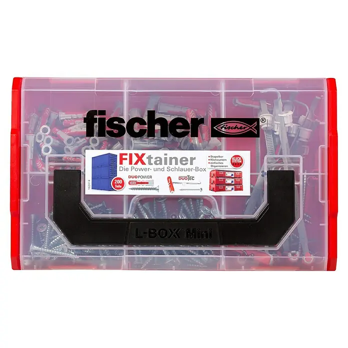 Fischer Schrauben- & Dübel-Set - 200 Stk. - Die Fischer FIXtainer L-Box Mini, ein Sortimentskoffer mit verschiedenen Dübeln und Schrauben für vielfältige Befestigungsanwendungen.