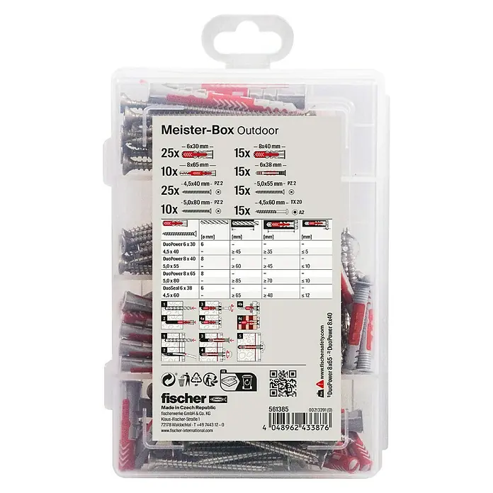 Fischer Schrauben- & Dübel-Set Praktische Helfer Outdoor & Feuchtraum - 130 -tlg. - Meister-Box Outdoor mit verschiedenen Dübeln und Schrauben für den Außenbereich, ideal für Befestigungen im Freien.