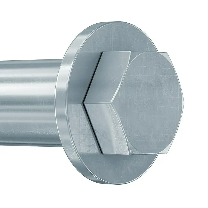 Fischer Schwerlastanker FH II S - Ø x L: 10 x 10 mm, 2 Stk., Sechskantkopf - Detailaufnahme einer Flachkopfschraube mit Sechskantkopf und Unterlegscheibe. Das Bauteil ist aus Metall und hat eine silberne Farbe.