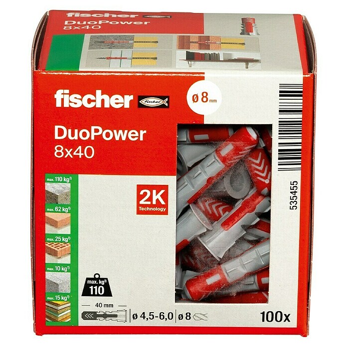 Fischer Duopower Nabor zidnih vložkov  (Premer zidnega vložka: 8 mm, Dolžina zidnega vložka: 40 mm, Z robom, Vsi gradbeni materiali, 100 kos) | 1060 - Dübel | AADD - Dübel | AAD - Kleineisenwaren | AA - Eisenwaren | A - Eisenwaren | BAUHAUS