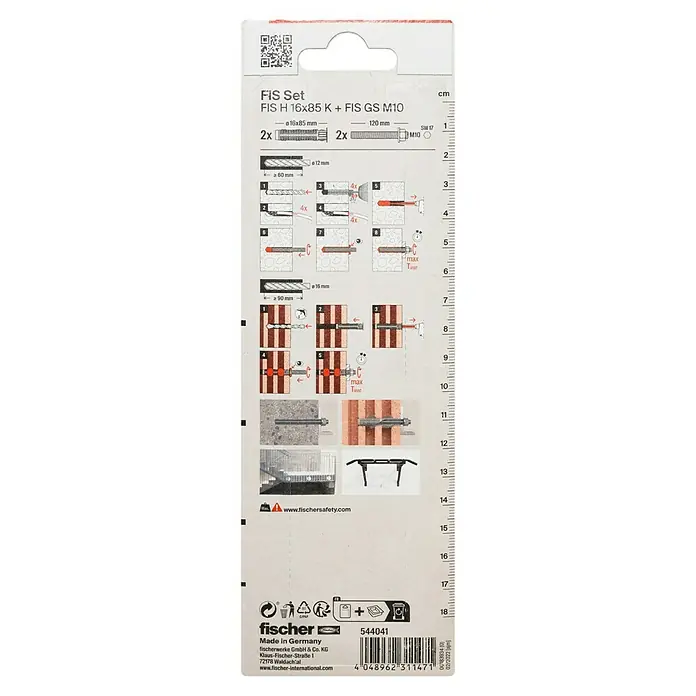 Fischer Injektions-Ankerhülse - Passend für: Fischer Injektionssystem FIS, Geeignet für: Beton, Gewinde: M 10, 2 Stk. - Bild einer Verpackung des FIS Set FIS H 16x85 K + FIS GS M10, ein Befestigungssystem, mit Anweisungen und Produktinformationen.