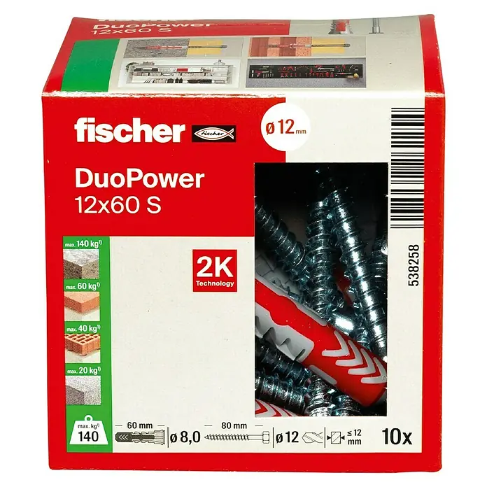 Fischer Duopower Dübel- & Schraubenbox - Durchmesser Dübel: 12 mm, Länge Dübel: 60 mm, Sechskantschraube, 10 Stk. - Eine Packung Fischer DuoPower 12x60 S Dübel, die eine zuverlässige Befestigung in verschiedenen Baumaterialien ermöglicht.