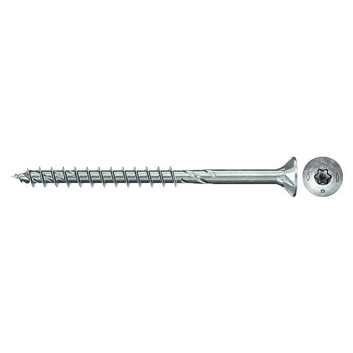 Fischer Spanplattenschraube VZ POWERFAST II SK TX TG - Ø x L: 4,5 x 60 mm, 100 Stk., Galvanisch verzinkt, TX für TORX-Antriebe - Bild einer verzinkten Holzschraube mit Torx-Antrieb. Die Schraube hat ein scharfes Gewinde und einen Senkkopf für bündige Oberflächen.