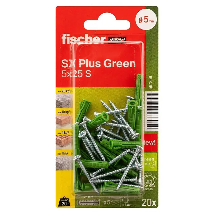 Fischer Spreizdübel-Set SX Green S - Ø x L: 5 x 25 mm, Spanplattenschraube, Nylon, 20 Stk. - Abbildung einer Packung Fischer SX Plus Green Dübel 5x25 S, ideal für sichere Befestigungen in verschiedenen Materialien, mit einer Größe von Ø5 mm.