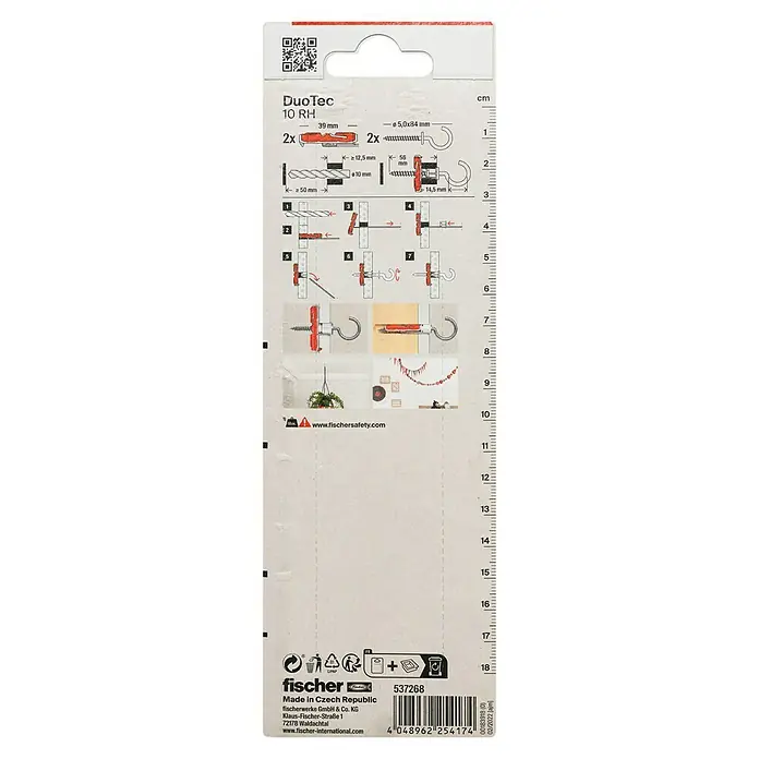 Fischer Kippdübel-Set Duotec - Durchmesser Dübel: 10 mm, Länge Dübel: 47 mm, 2 Stk., Geeignet für: Gipskartonplatten, Mit Haken - DuoTec 10 RH Dübelverpackung.