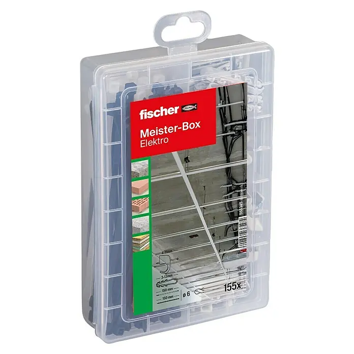Fischer Nagelschellen Set Praktische Helfer Kabel & Leitung - 155 -tlg. - Transparente Fischer Meister-Box Elektro, gefüllt mit Befestigungsmaterial für Elektroinstallationen, inklusive rotem Fischer-Logo und Produktdetails auf der Verpackung.